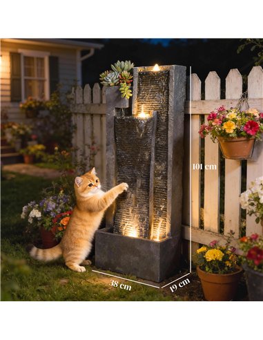 Outsunny Water Feature with LED Lights and Planter, 3-Tier Garden Water Fountain with Pump, Resin Waterfall Feature, Dark Grey