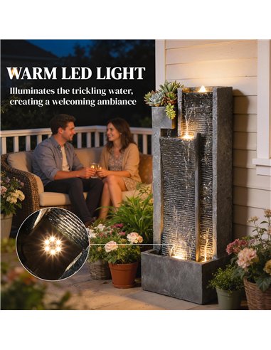 Outsunny Water Feature with LED Lights and Planter, 3-Tier Garden Water Fountain with Pump, Resin Waterfall Feature, Dark Grey