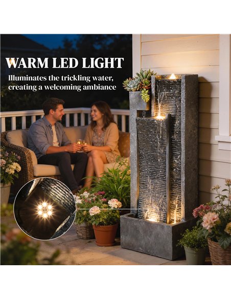 Outsunny Water Feature with LED Lights and Planter, 3-Tier Garden Water Fountain with Pump, Resin Waterfall Feature, Dark Grey - pic 200901 | FastDaddyshop