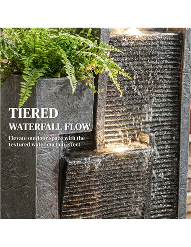 Outsunny Water Feature with LED Lights and Planter, 3-Tier Garden Water Fountain with Pump, Resin Waterfall Feature, Dark Grey