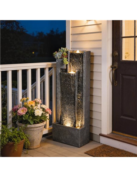 Outsunny Water Feature with LED Lights and Planter, 3-Tier Garden Water Fountain with Pump, Resin Waterfall Feature, Dark Grey - pic 200905 | FastDaddyshop