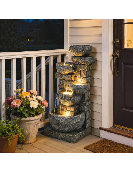 Outsunny Outdoor Water Fountain with LED Lights, 80cm Tall 5 Tiers Cascading Water Feature for Garden Patio Home Decor, Mixed - pic 200914 | FastDaddyshop