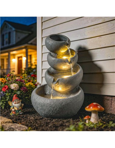 Outsunny 4-Tier Water Fountain Outdoor, Garden Water Feature with LED Lights and Pump, Freestanding Resin Waterfall for Patio