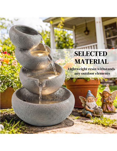 Outsunny 4-Tier Water Fountain Outdoor, Garden Water Feature with LED Lights and Pump, Freestanding Resin Waterfall for Patio
