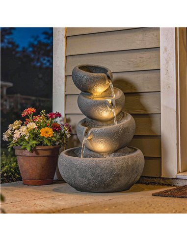 Outsunny 4-Tier Water Fountain Outdoor, Garden Water Feature with LED Lights and Pump, Freestanding Resin Waterfall for Patio