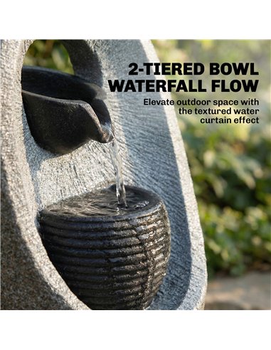 Outsunny Water Feature with 2-Tier Bowls, Garden Water Fountain with Pump and LED Lights, Resin Cascading Waterfall