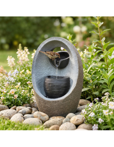 Outsunny Water Feature with 2-Tier Bowls, Garden Water Fountain with Pump and LED Lights, Resin Cascading Waterfall