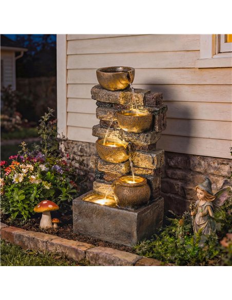 Outsunny 28" 5-Tier Outdoor Fountain, Cascading Waterfall Feature with LED Lights, Adjustable Flow, Rustic Brown - pic 200943 | FastDaddyshop