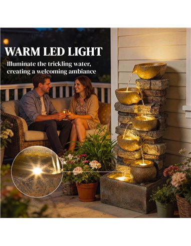 Outsunny 28" 5-Tier Outdoor Fountain, Cascading Waterfall Feature with LED Lights, Adjustable Flow, Rustic Brown