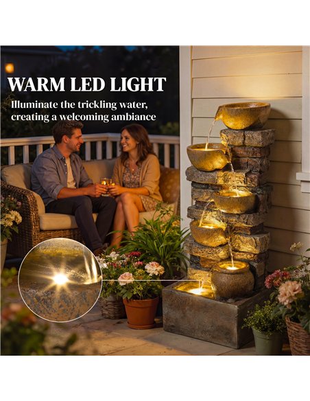 Outsunny 28" 5-Tier Outdoor Fountain, Cascading Waterfall Feature with LED Lights, Adjustable Flow, Rustic Brown - pic 200946 | FastDaddyshop