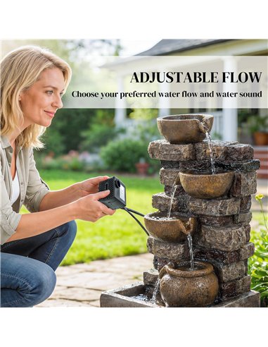 Outsunny 28" 5-Tier Outdoor Fountain, Cascading Waterfall Feature with LED Lights, Adjustable Flow, Rustic Brown