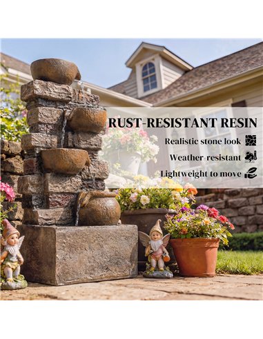 Outsunny 28" 5-Tier Outdoor Fountain, Cascading Waterfall Feature with LED Lights, Adjustable Flow, Rustic Brown