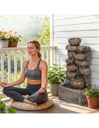 Outsunny 28" 5-Tier Outdoor Fountain, Cascading Waterfall Feature with LED Lights, Adjustable Flow, Rustic Brown