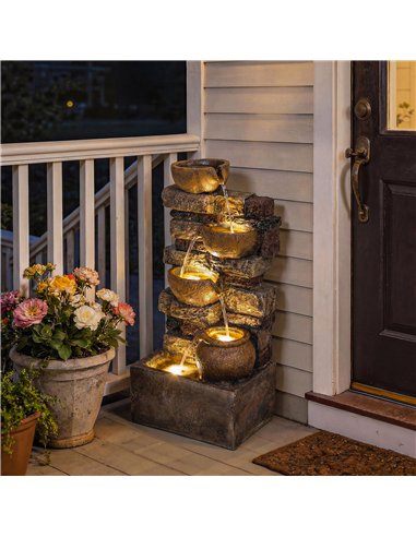 Outsunny 28" 5-Tier Outdoor Fountain, Cascading Waterfall Feature with LED Lights, Adjustable Flow, Rustic Brown