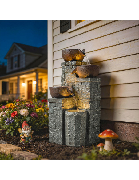 Outsunny 4-Tier Outdoor Fountain, Cascading Waterfall, Garden Fountain with LED Lights, Adjustable Flow, Grey and Rustic Brown - pic 200961 | FastDaddyshop