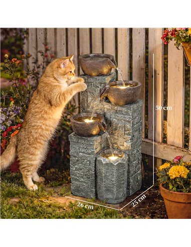 Outsunny 4-Tier Outdoor Fountain, Cascading Waterfall, Garden Fountain with LED Lights, Adjustable Flow, Grey and Rustic Brown
