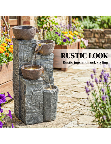 Outsunny 4-Tier Outdoor Fountain, Cascading Waterfall, Garden Fountain with LED Lights, Adjustable Flow, Grey and Rustic Brown