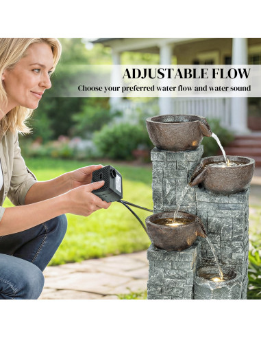 Outsunny 4-Tier Outdoor Fountain, Cascading Waterfall, Garden Fountain with LED Lights, Adjustable Flow, Grey and Rustic Brown