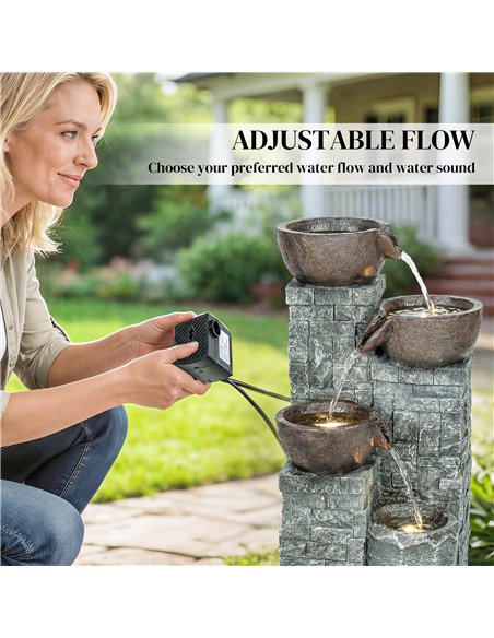 Outsunny 4-Tier Outdoor Fountain, Cascading Waterfall, Garden Fountain with LED Lights, Adjustable Flow, Grey and Rustic Brown - pic 200964 | FastDaddyshop