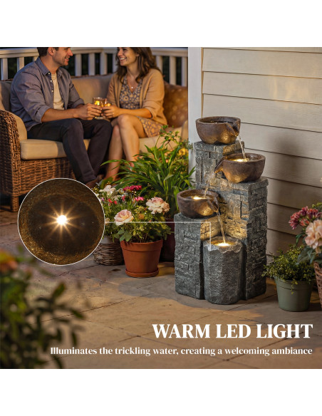 Outsunny 4-Tier Outdoor Fountain, Cascading Waterfall, Garden Fountain with LED Lights, Adjustable Flow, Grey and Rustic Brown - pic 200965 | FastDaddyshop