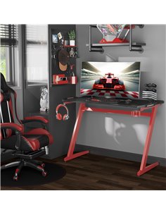 HOMCOM Ergonomic Gaming Desk, Racing Table, with Headphone Hook and Cup Holder, Black-Red 2
