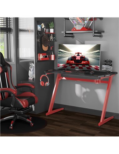 HOMCOM Ergonomic Gaming Desk, Racing Table, with Headphone Hook and Cup Holder, Black-Redv