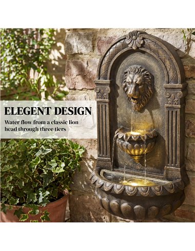 Outsunny Wall-Mounted Water Fountain, 3-Tier Cascading Waterfall with LED Lights and Adjustable Flow for Patio, Rustic Brown