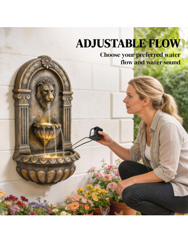 Outsunny Wall-Mounted Water Fountain, 3-Tier Cascading Waterfall with LED Lights and Adjustable Flow for Patio, Rustic Brown