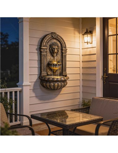 Outsunny Wall-Mounted Water Fountain, 3-Tier Cascading Waterfall with LED Lights and Adjustable Flow for Patio, Rustic Brown