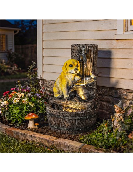 Outsunny Garden Water Feature with 3-Tier Rustic Puppy Design, Freestanding Resin with LED Lights, Adjustable Flow, Rustic Brown - pic 200979 | FastDaddyshop