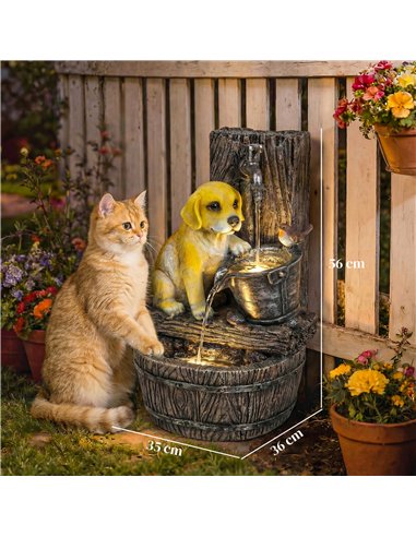 Outsunny Garden Water Feature with 3-Tier Rustic Puppy Design, Freestanding Resin with LED Lights, Adjustable Flow, Rustic Brown