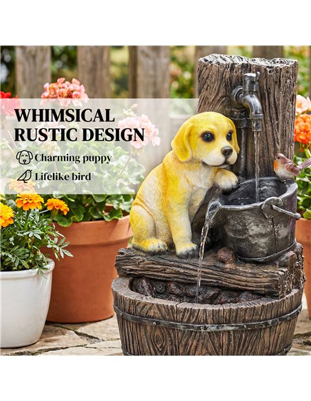 Outsunny Garden Water Feature with 3-Tier Rustic Puppy Design, Freestanding Resin with LED Lights, Adjustable Flow, Rustic Brown - pic 200981 | FastDaddyshop