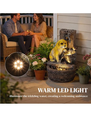 Outsunny Garden Water Feature with 3-Tier Rustic Puppy Design, Freestanding Resin with LED Lights, Adjustable Flow, Rustic Brown