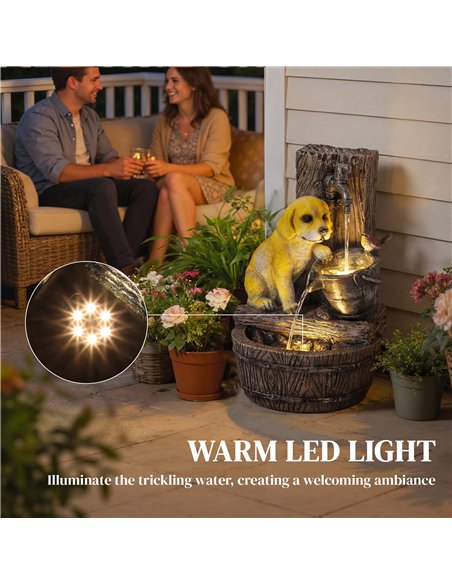 Outsunny Garden Water Feature with 3-Tier Rustic Puppy Design, Freestanding Resin with LED Lights, Adjustable Flow, Rustic Brown - pic 200982 | FastDaddyshop