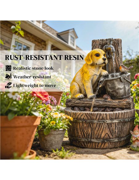Outsunny Garden Water Feature with 3-Tier Rustic Puppy Design, Freestanding Resin with LED Lights, Adjustable Flow, Rustic Brown - pic 200984 | FastDaddyshop
