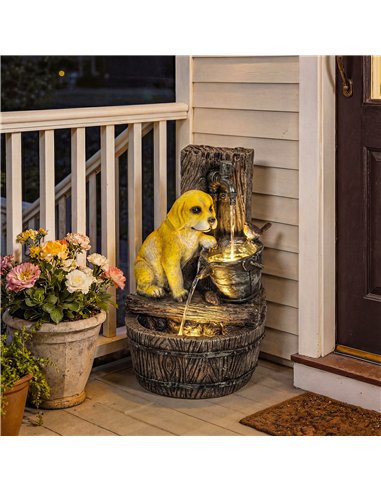 Outsunny Garden Water Feature with 3-Tier Rustic Puppy Design, Freestanding Resin with LED Lights, Adjustable Flow, Rustic Brown