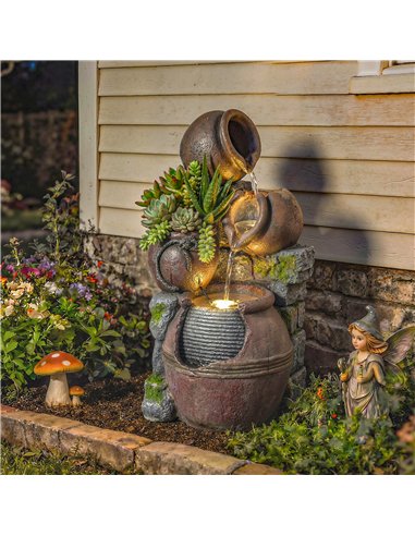 Outsunny Outdoor Fountain with 4-Tier Rustic Pots & Planter, Garden Fountain with LED Lights, Rustic Brown