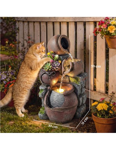 Outsunny Outdoor Fountain with 4-Tier Rustic Pots & Planter, Garden Fountain with LED Lights, Rustic Brown