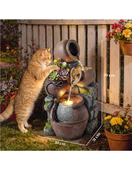 Outsunny Outdoor Fountain with 4-Tier Rustic Pots & Planter, Garden Fountain with LED Lights, Rustic Brown - pic 200989 | FastDaddyshop