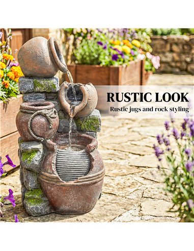 Outsunny Outdoor Fountain with 4-Tier Rustic Pots & Planter, Garden Fountain with LED Lights, Rustic Brown