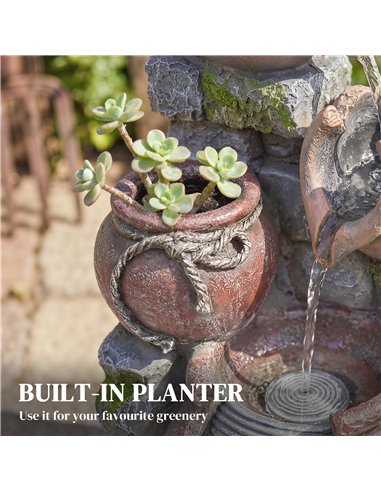Outsunny Outdoor Fountain with 4-Tier Rustic Pots & Planter, Garden Fountain with LED Lights, Rustic Brown