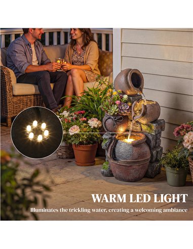 Outsunny Outdoor Fountain with 4-Tier Rustic Pots & Planter, Garden Fountain with LED Lights, Rustic Brown