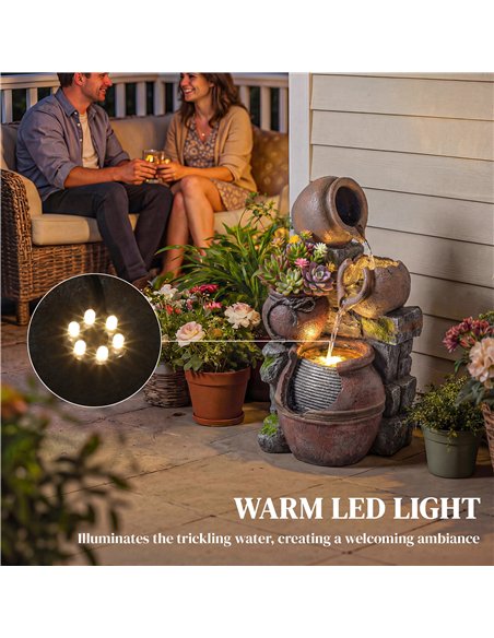 Outsunny Outdoor Fountain with 4-Tier Rustic Pots & Planter, Garden Fountain with LED Lights, Rustic Brown - pic 200992 | FastDaddyshop