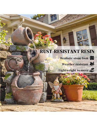Outsunny Outdoor Fountain with 4-Tier Rustic Pots & Planter, Garden Fountain with LED Lights, Rustic Brown