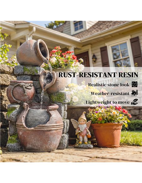Outsunny Outdoor Fountain with 4-Tier Rustic Pots & Planter, Garden Fountain with LED Lights, Rustic Brown - pic 200994 | FastDaddyshop
