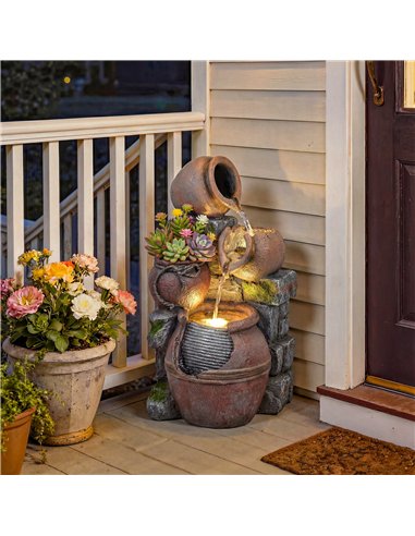 Outsunny Outdoor Fountain with 4-Tier Rustic Pots & Planter, Garden Fountain with LED Lights, Rustic Brown