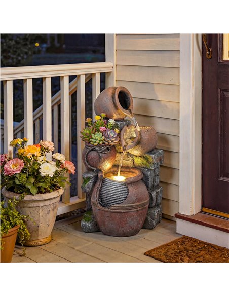 Outsunny Outdoor Fountain with 4-Tier Rustic Pots & Planter, Garden Fountain with LED Lights, Rustic Brown - pic 200995 | FastDaddyshop