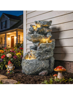 Outsunny Outdoor Water Fountain with 6-Tier Rock Style, Cascading Waterfall Feature with LED Lights, Adjustable Flow, Grey 2