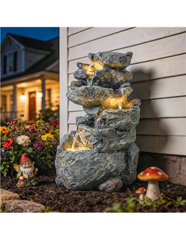 Outsunny Outdoor Water Fountain with 6-Tier Rock Style, Cascading Waterfall Feature with LED Lights, Adjustable Flow, Grey