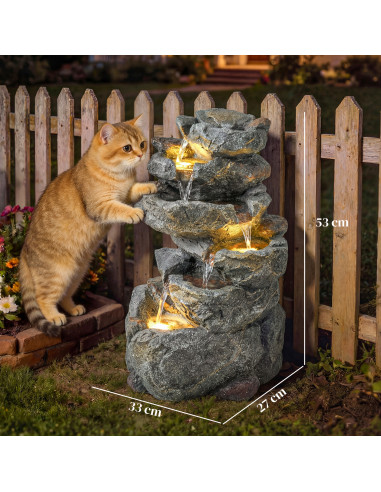 Outsunny Outdoor Water Fountain with 6-Tier Rock Style, Cascading Waterfall Feature with LED Lights, Adjustable Flow, Grey